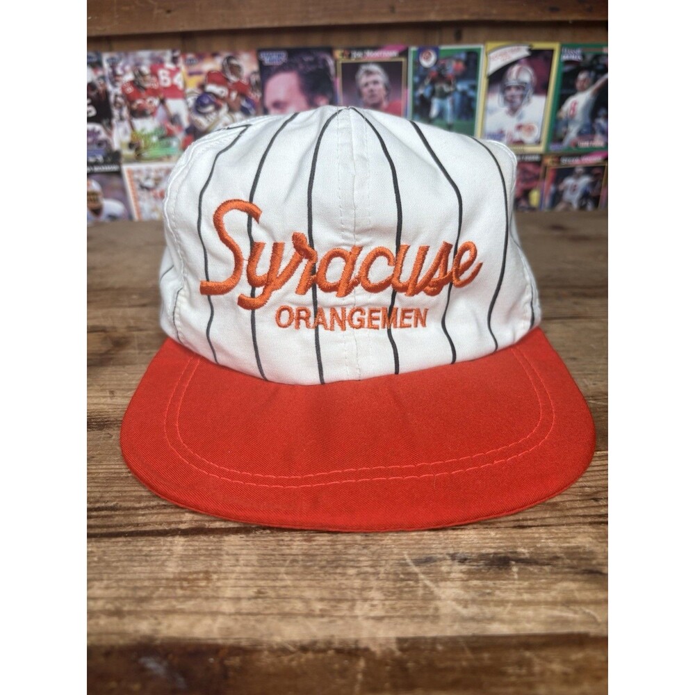 Vintage 1980s Syracuse Orangemen Pinstripe Script SnapBack Hat Cap White USA